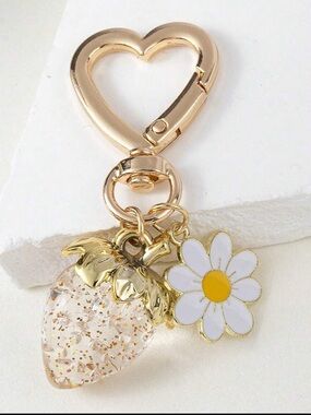 3/$25 Gold Heart Keychain with Resin Strawberry and Daisy Charms